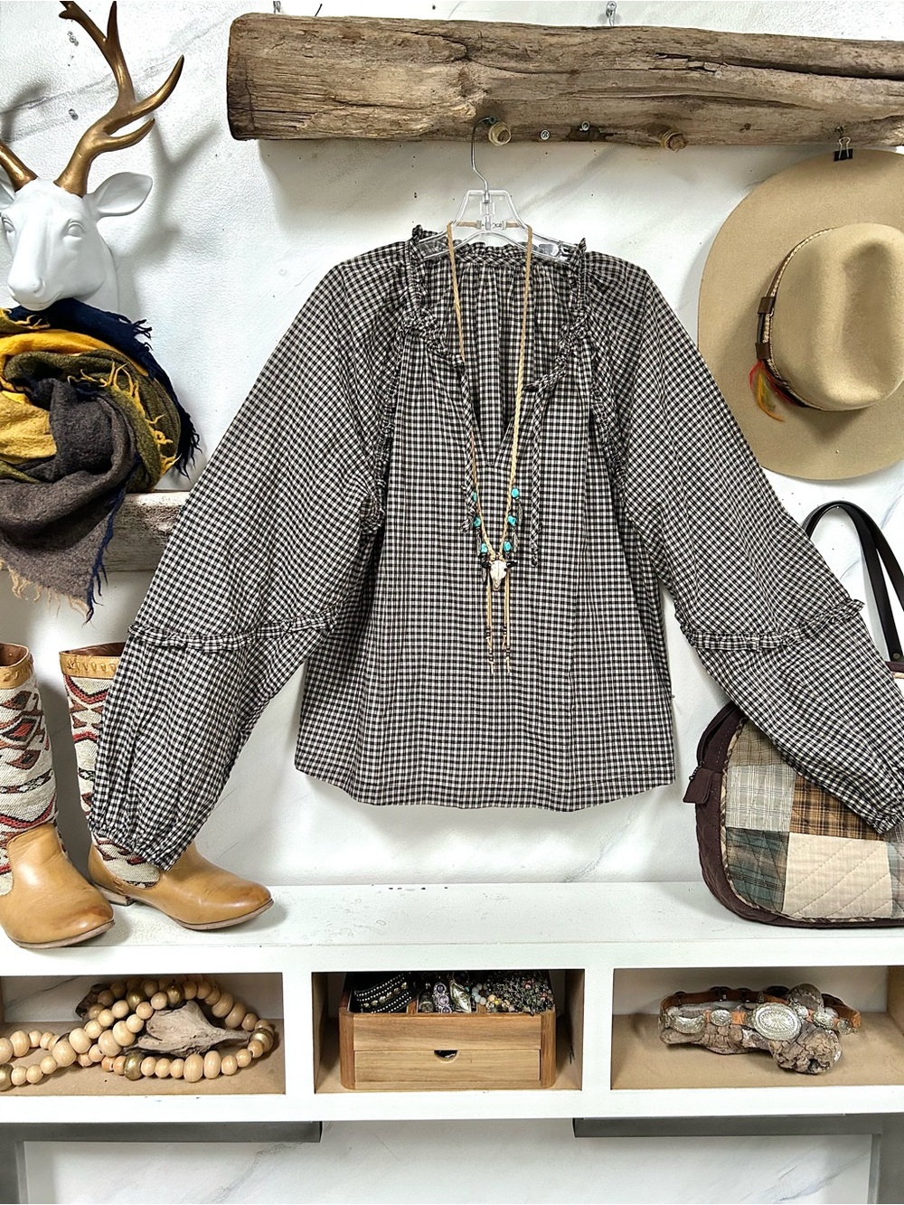 Peasant/cottagecore dainty check Ruffle blouse w prairie country granny vibe